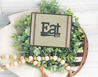 Eat Wood Sign |  Rustic Sign | Farmhouse Décor | Tiered Tray Decor | Mini Kitchen Sign