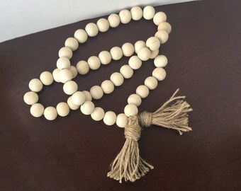 Handmade Wooden Bead Garland with Jute Tassels | Boho Farmhouse Decor