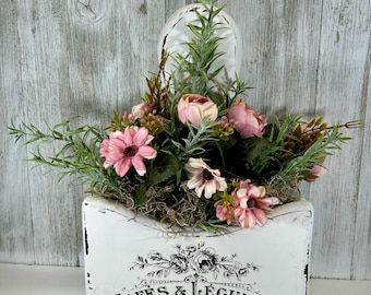 Rustic White Wooden Floral Caddy | Cottagecore Farmhouse Centerpiece | Distressed Wood Box with Pink Florals | Spring Home Decor