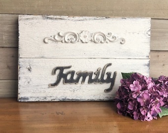Distressed White Reclaimed Wood Family Sign | Shabby Chic Decor