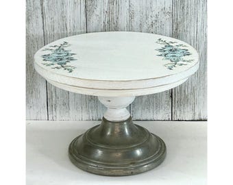 Wood & Metal Riser or Candle Stand With Minty Blue Floral Embellishment.