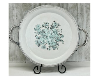 Hand Painted Upcycled Heavy Metal Tray with Minty Blue Floral Accents