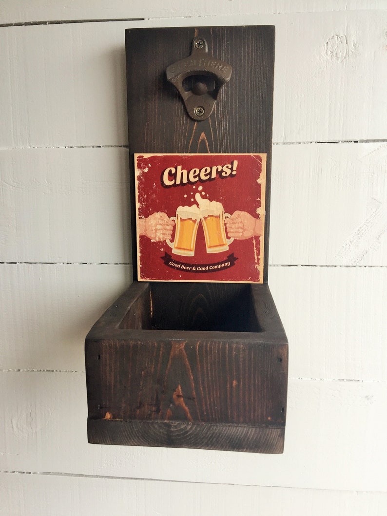 Whimsical Antique Inspired Rustic Wall Mount Wood Beer Bottle Opener With Cap Catcher