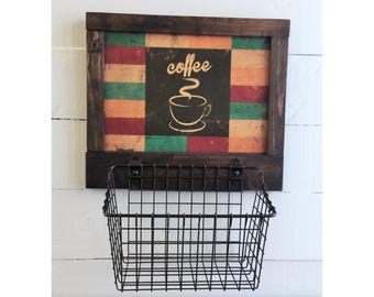 Vintage Style Coffee Bar Organizer | Wood Sign & K Cup Basket