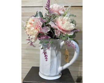 Shabby Chic Faux Floral Arrangement, White Ceramic Pitcher Centerpiece