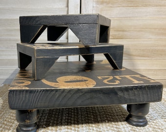 Rustic Wooden Riser, Plant Stand with Industrial Chic Design for Home Decor