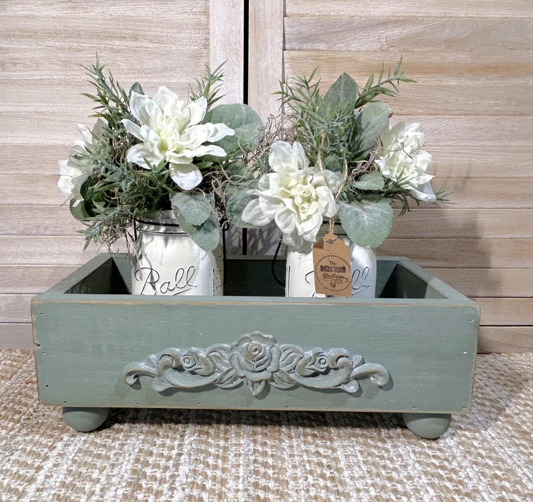 Rustic Decorative Wooden Box With Mason Jar Floral Arrangements ...