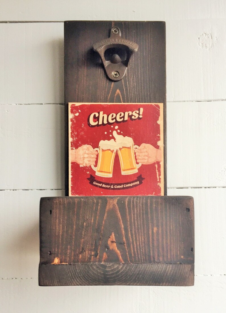 Whimsical Antique Inspired Rustic Wall Mount Wood Beer Bottle Opener With Cap Catcher