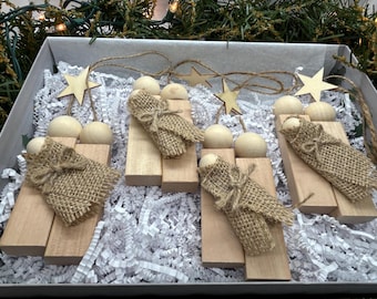 Boxed set of 4 Rustic Wooden Nativity Ornaments – Holy Family Ornament – Farmhouse Christmas