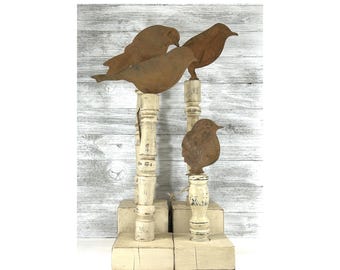 Rustic Wood Spindle Bird Riser Set • Handcrafted Farmhouse Decor • Rusty Metal Birds