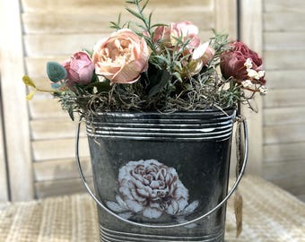 Faux Floral Arrangement in Vintage Galvanized Bucket | Cottagecore Shabby Chic Decor