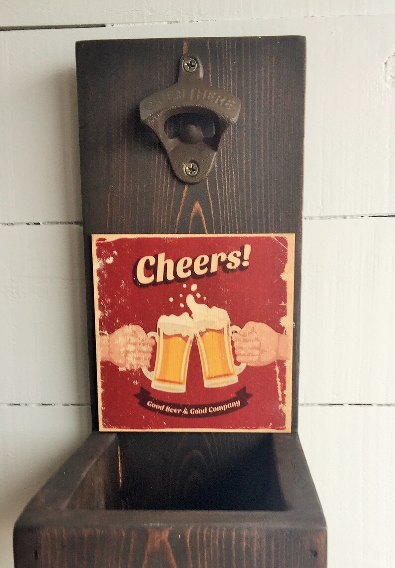 Whimsical Antique Inspired Rustic Wall Mount Wood Beer Bottle Opener With Cap Catcher
