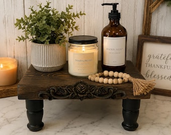 Handmade Rustic Wooden Riser with Floral Accent | Farmhouse Wood Display Stand | Coffee Bar Decor | Kitchen Counter Pedestal