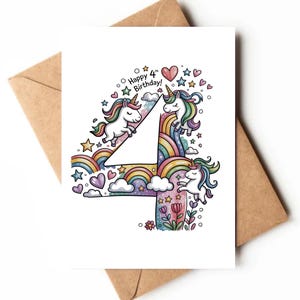 4ème carte d'anniversaire de licorne | Carte imprimable | pour une fête d'enfants de 4 ans | Thème licorne | Carte d'anniversaire unique | Anniversaire magique