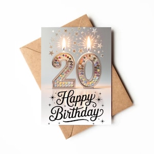 Cartão de 20º Aniversário | Cartão para Imprimir | Cartão para Menina de Vinte Anos | Download de Cartão de Aniversário Exclusivo | Impressão de Cartão de Feliz Aniversário de 20 Anos