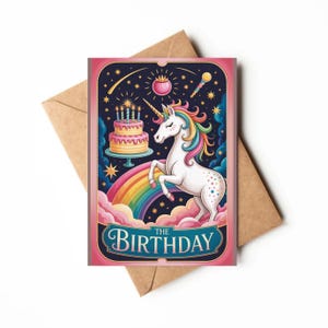 Tarjeta de cumpleaños de Tarot / Tarjeta imprimible para niña pequeña / Tarjeta de bruja / Tema mágico / Tema de tarta / Tarjeta de cumpleaños de unicornio / Astrología