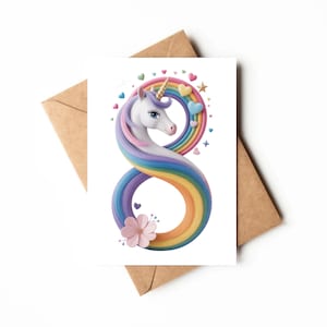 Tarjeta de unicornio para octavo cumpleaños / Tarjeta imprimible / Tarjeta para fiesta de octavo año / Temática de unicornio / Tarjeta de cumpleaños única / Cumpleaños mágico