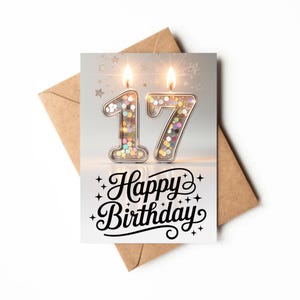 Tarjeta de 17.º cumpleaños / Tarjeta imprimible / Tarjeta para chica de 17 años / Descarga de tarjeta de cumpleaños única / Impresión de tarjeta de feliz 17.º cumpleaños