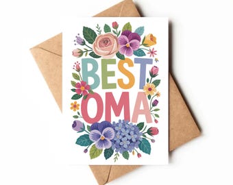 Op de afbeelding: Een wenskaart met de tekst "BEST OMA" in kleurrijke letters, omringd door bloemenillustraties. De kaart is wit en wordt geleverd met een bruine envelop. De bloemen zijn onder meer rozen, viooltjes en hortensia's.