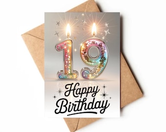 19e verjaardagskaart | Afdrukbare kaart | Kaart voor negentienjarig meisje | Unieke verjaardagskaart downloaden | Gelukkige 19e verjaardagskaart afdrukken