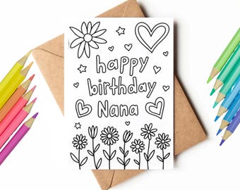 Printable Coloring Card For Nana's Birthday | Color Your Own | Last minute gift | Grandma Birthday Card | DIY Gift | Instant Download Card
