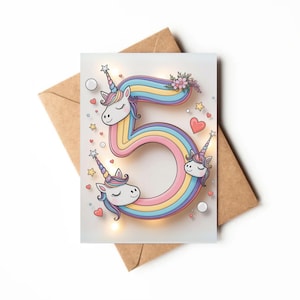 Tarjeta de unicornio para el quinto cumpleaños / Tarjeta imprimible / Tarjeta para fiesta de quinto año / Temática de unicornio / Tarjeta de cumpleaños única / Cumpleaños mágico