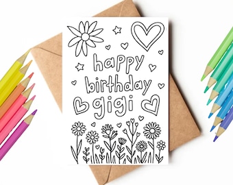 Biglietto da colorare stampabile per il compleanno di Gigi / Colora il tuo / Biglietto di compleanno per la nonna / Regalo fai da te / Regalo dell'ultimo minuto / Biglietto con download immediato