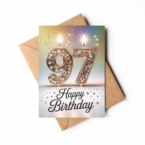 Puede incluir: Una tarjeta de cumpleaños con un sobre marrón. La tarjeta presenta un diseño de vela brillante "97" con llamas encendidas y las palabras "Happy Birthday" en una escritura elegante. El fondo tiene un degradado suave y colorido.