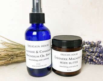 Magnesium Body Butter & Spray Set - Lavender and Chamomile Magnesium Body Butter and Magnesium Oil Spray - Lavender Skincare Bundle