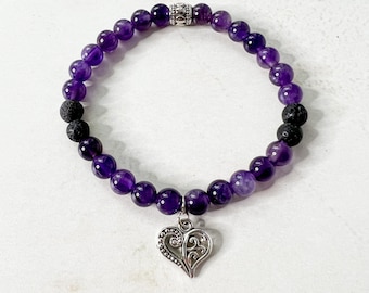 Amethyst Heart Charm Diffuser Bracelet - Heart Charm Bracelet - Aromatherapy Amethyst Charm Beaded Bracelet - Mother's Day Jewelry Gift