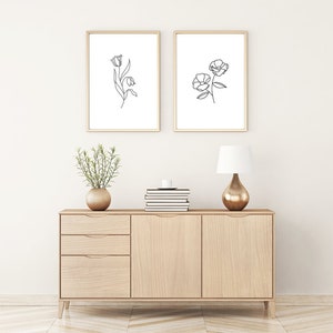 Set of Two prints, Flower Print, single line flower, dorm decor, above the bed, floral print, bathroom print, minimalist print, flowers