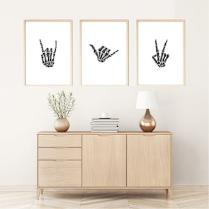 Skeleton Hand Print, Rock On Skeleton Hand Art Print - Rock and Roll Skeleton Hand Prints - Halloween Skeleton Hand Art, Peace Skeleton Hand