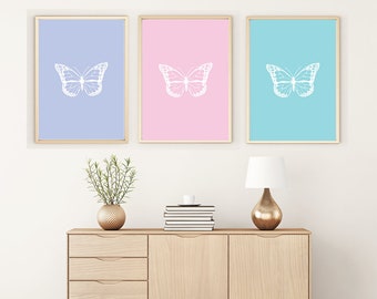 Set of Three prints, Pastel Butterfly Prints, butterfly decor, nursery prints, kids room print, baby gift, pink, purple, blue, playroom