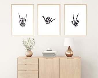 Skeleton Hand Print, Rock On Skeleton Hand Art Print - Rock and Roll Skeleton Hand Prints - Halloween Skeleton Hand Art, Peace Skeleton Hand