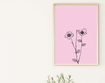 Pink Flower Print, minimalistische print, bloemenprint, bloemenprint, roze decor, slaapzaaldecor, kinderkamerdecor, dunne lijnbloem