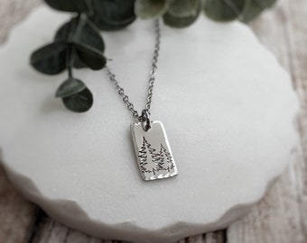 Rectangle Double Tree Outline Necklace - Evergreen Tree Necklace - Rectangle Necklace - Tree Necklace - Tree Necklaces for Women