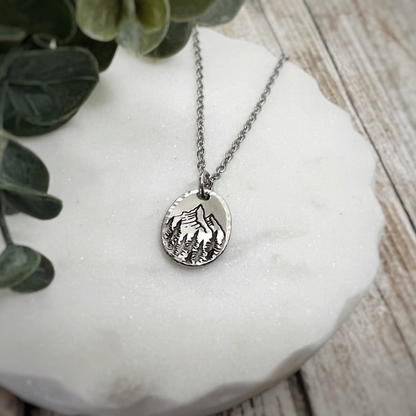 Oval Mountain And Spruce Grove Necklace - Oval Pendant - Oval Pendant Necklace - Mountain and Trees - Mountain and Tree Line