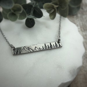 Mountain Forest Bar Necklace - Dainty Personalized Nature Jewelry - Hand-Stamped Mountains and Trees Pendant