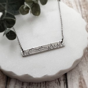 Mountain Range and Tree Silhouette Bar Necklace - Mountain and Tree Necklace - Tree Silhouette - Mountain Range Necklace