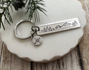 Mountain Bike Keychain - Trail Riding Compass Charm Key Ring - Adventure Mountain Biking Gift