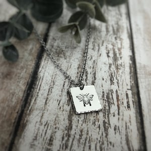 Tiny Honey Bee Necklace - Hand-Stamped Square Pendant - Personalized Beekeeper Gift for Her - Bee Kind Jewelry