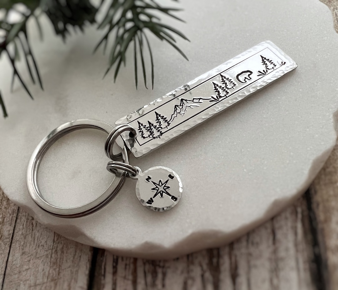 Forest Bear Adventure Keychain - Mountain Woodland Compass Charm Key ...