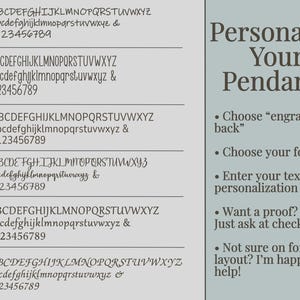 May include: A font selection chart for jewelry engraving featuring six distinct typeface styles numbered one through six, including uppercase and lowercase letters, numbers, and symbols. The right side displays instructions: Personalize Your Pendant!