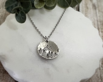 Personalized Mountain Forest Necklace - Hand Stamped Nature Pendant - Custom Hiking Jewelry Gift for Women