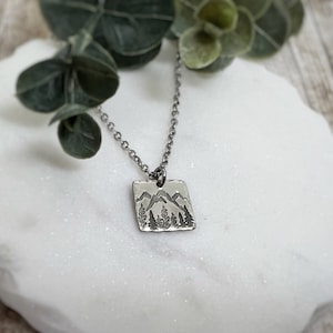 Square Mountain Range and Forest Necklace - Square Necklace - Square Necklace Pendant - Mountain Range Necklace - Evergreen Tree Necklace