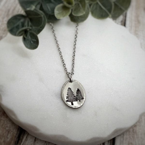 Oval Pine Trees Necklace - Tree Necklace - Evergreen Tree - Evergreen Trees Necklace - Oval Pendant - Two Trees Pendant - Two Trees Necklace