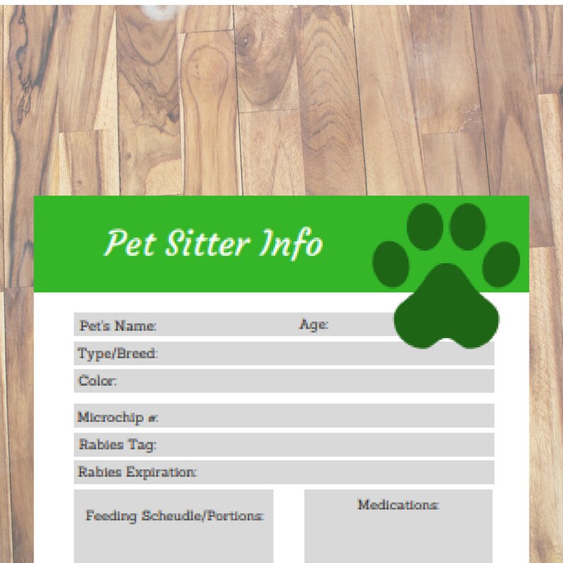 Pet Sitter Info Sheet Printable Pet Info Sheet Pet Sitter Etsy