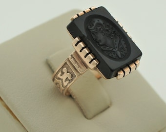 Hermoso anillo vintage de oro rosa macizo de 10 quilates con camafeo de ónix, años 30, hecho a mano.