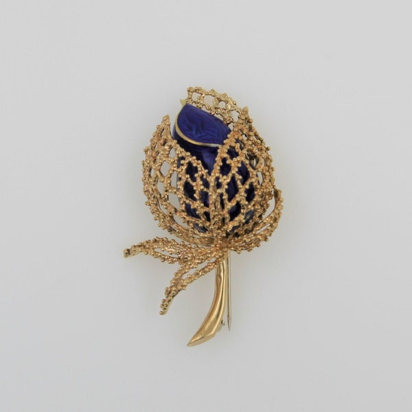 14k Yellow Gold Blue Enamel Martine Vintage Flower Brooch Pin