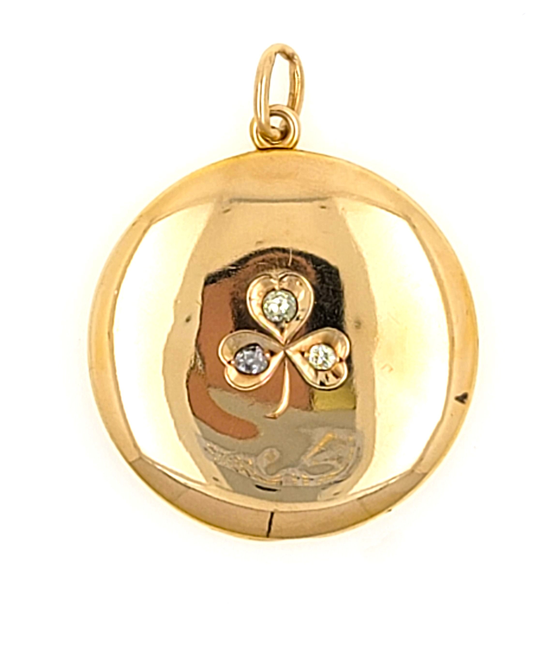 Antique 1880s Handmade 14K Solid Yellow Gold with Round Natural Diamonds Clover Monogram Victorian Locket Engraved Initials
